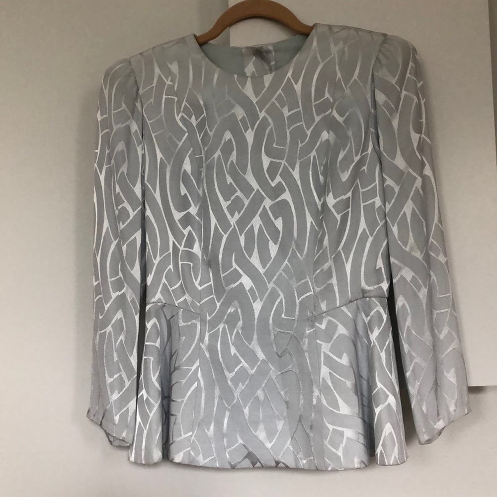 VINTAGE SILVER/GRAY LONG SLEEVE Peplum  COCKTAIL BLOUSE 1950’s